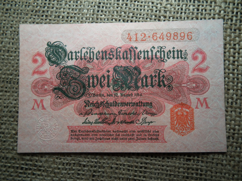 2 márka 1914 , Mark Darlehenskassenschein - piros alányomással és piros pecséttel
