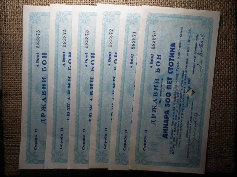 Szerbia 500 dinara 1943 , államkötvény 6 db sorszámkövető 