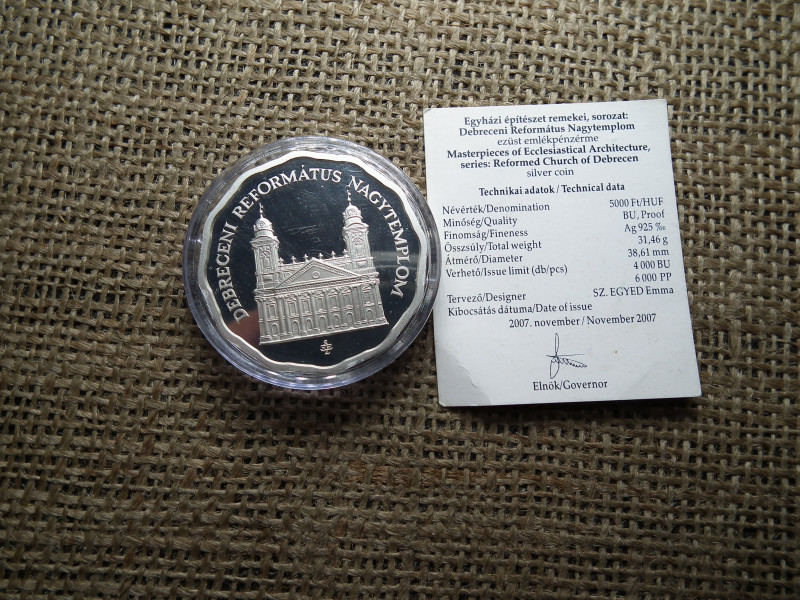 5000 Forint 2007  PP  ezüst / Debreceni Református Nagytemplom / Certifikáttal 