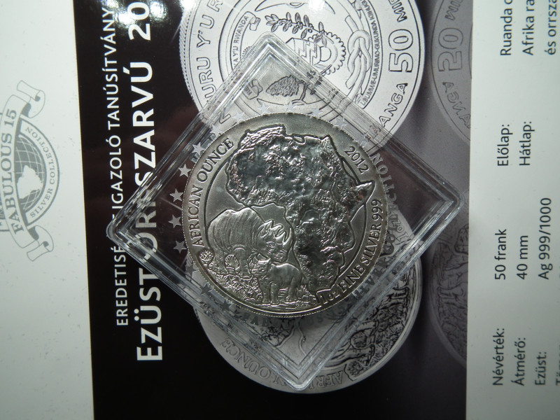 Ruanda ezüst 50 frank 2012 , francs , Orrszarvú borjával , 1 uncia szín 