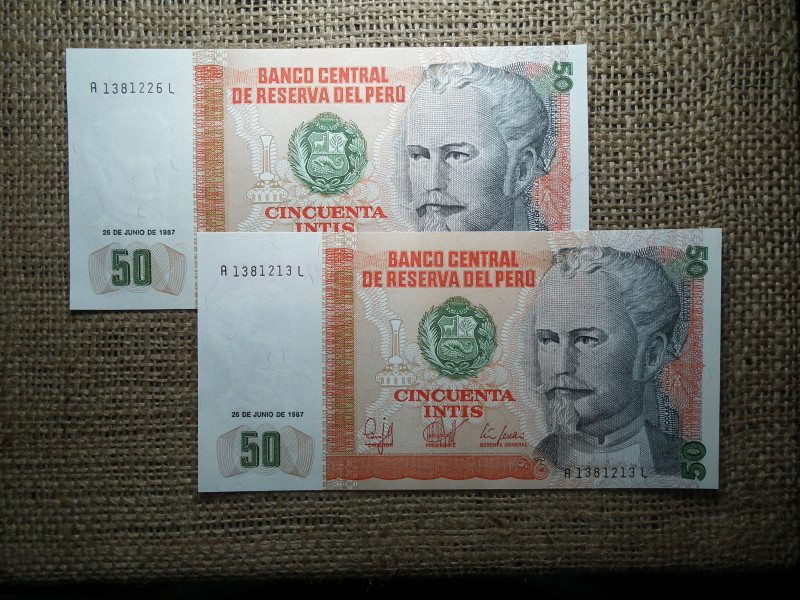 Peru 50 intis 1987 UNC , 2 db sorszámkövető , A1