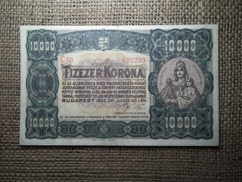 10000 korona 1923 , tízezer , nagyon szép , Orell