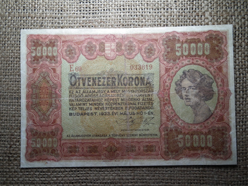 50000 korona 1923 , Orell , Forgalmi ! Restaurált , eredeti darab ! Nagyon ritka !