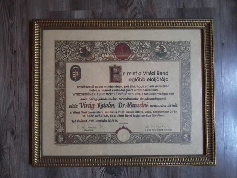 Vitézi Rend Adományozó , Avatási Oklevél , 2002 , Budapest.