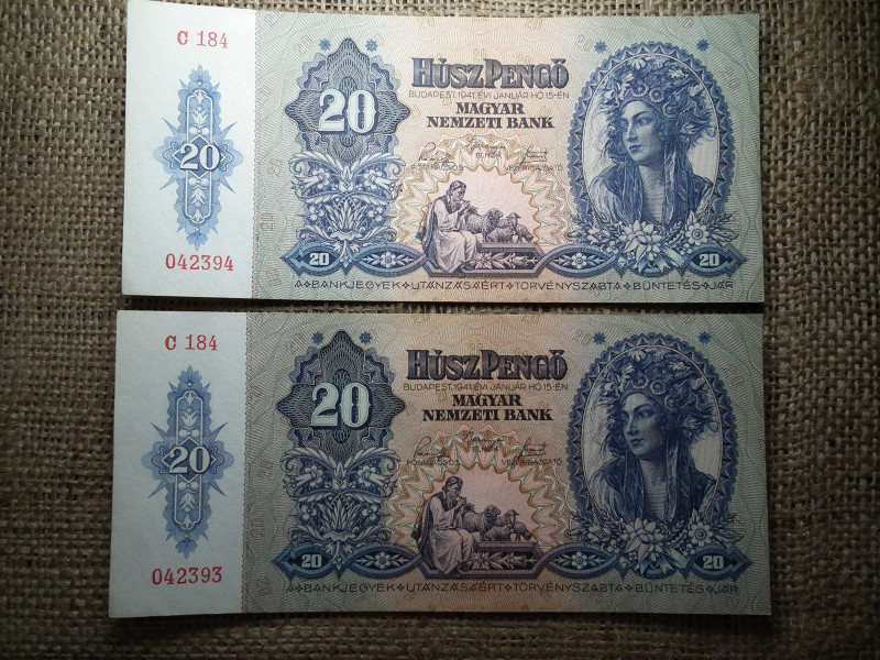 20 pengő 1941 , 2 db sorszámkövető 