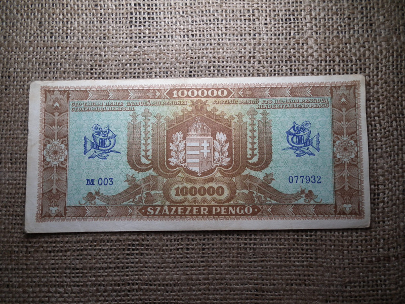 100000 pengő 1945 világosbarna hátlap , százezer 