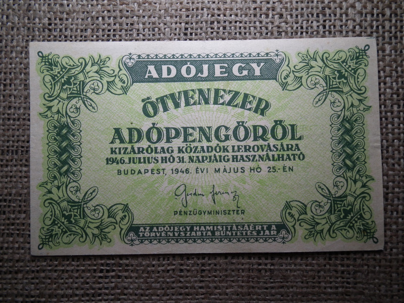 Ötvenezer Adópengő 1946 , sorszám nélkül , vízjeles 