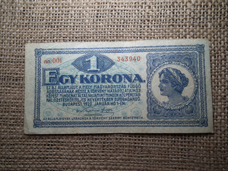 1 korona 1920 , alacsony sorozatszám ! 001 