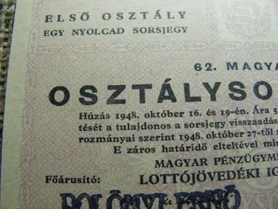 62. Magyar Osztálysorsjáték bankjegy, 1948