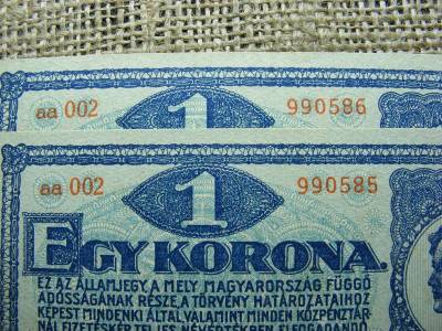 1 korona bankjegy, 1920, rozsdavörös, sorszámkövető pár