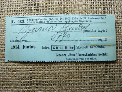 Betegségjegyzési járulék 5 korona 25 fillér, 1916