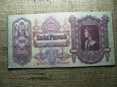 100 pengő, 1930, hajtatlan, horogkeresztes felülbélyegzés