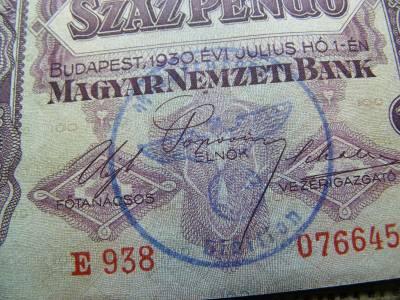100 pengő, 1930, hajtatlan, horogkeresztes felülbélyegzés