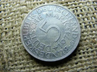Ezüst 5 márka érme, 1974, G jelzés