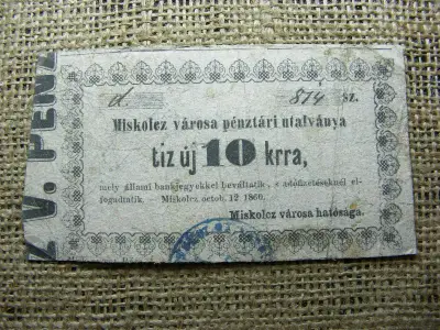 Miskolc 10 krajcár utalvány, 1860, vastag