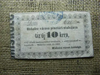 Miskolc 10 krajcár utalvány, 1860, vastag papír