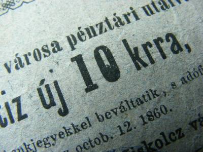Miskolcz Városi Pénztári Utalványa, 1860, 10 krajcár, nyomdahibás
