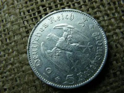 Birodalmi ezüst 5 márka, 1934 F, Templomos horogkeresztes