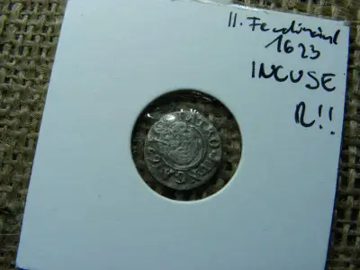 II. Ferdinánd ezüst dénár, 1623, verdehibás, ritka incuse