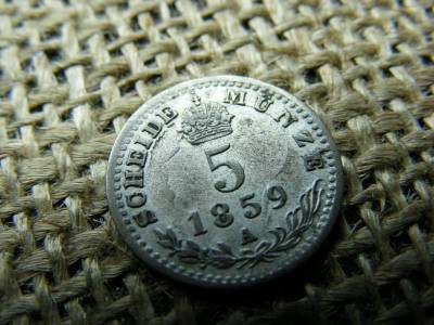 Ezüst 5 krajcár, 1859, verdehibás, elfordult