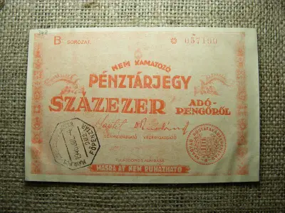 Nem kamatozó Pénztárjegy, 1946, 100000 Adópengő