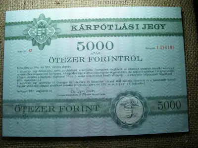 5000 forintos bankjegy, 1991, kárpótlási jegy, hajtatlan