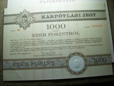 1000 Forintos Kárpótlási Jegy, 1991, 2 db sorszámkövető