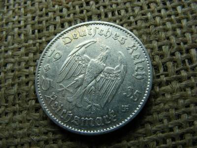 Birodalmi 5 márka, 1935 D, ezüst, Templomos