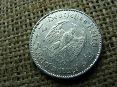 Birodalmi 5 márka, 1934 E, ezüst, Templomos