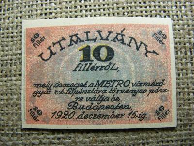 Metró Vízmérőgyár 10 fillér, 1920, szükségpénz