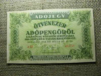 Ötvenezer Adópengő, 1946, vízjeles, sorszámos
