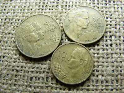 Jugoszlávia 10, 20, 50 dinár, 1955, fémpénz