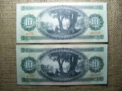 10 forintos bankjegy, 1969, 2 db sorszámkövető, EF