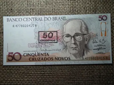 Brazília, 50 cruzeiros, 1990, 3. kiadás, felülnyomva