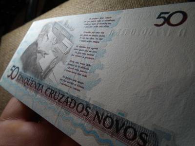 Brazília, 50 cruzeiros, 1990, 3. kiadás, felülnyomva