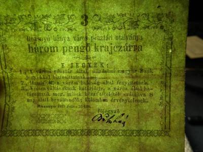 Rozsnyó 3 pengő krajcárra, 1849, főjegyző aláírás