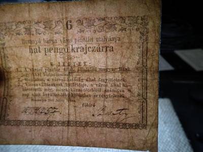 Rozsnyó 6 pengő krajcár bankjegy, 1849