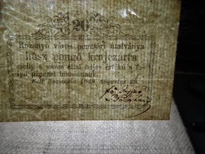 Rozsnyó 20 pengő krajczárra, 1849, szükségpénz