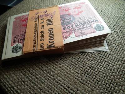 1 korona bankjegy, 1916, DÖ, teljes köteg, sorszámkövető