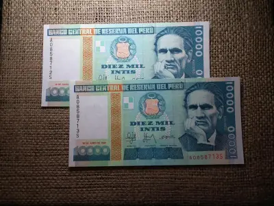 Peru 10000 Intis, 1988, 2 db hajtatlan, sorszámkövető