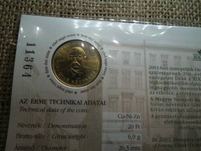 20 forintos érme, 2003, Deák Ferenc, elsőnapi veret, bliszter