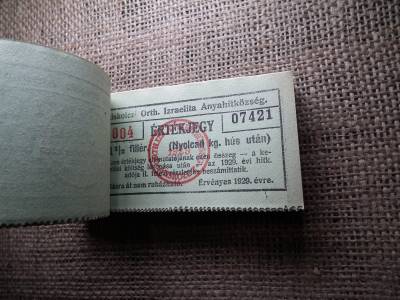 Miskolc , Miskolczi Ortodox Izraelita Hitközség ! Értékjegy 1 1/2 fillér 1929 , 1/8 kg hús , Orth. ! Ritka teljes köteg ! 100 db sorszámkövető !
