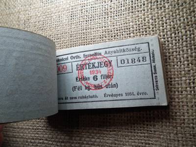 Miskolc , Miskolczi Ortodox Izraelita Anyahitközség ! Értékjegy 6 fillér 1934 , 1/2 kg hús , Orth. ! Ritka köteg ! 97 db sorszámkövető !