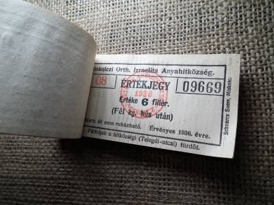 Miskolc , Miskolczi Ortodox Izraelita Anyahitközség ! Értékjegy 6 fillér 1936 , 1/2 kg hús , Orth. ! Ritka köteg ! 98 db sorszámkövető !