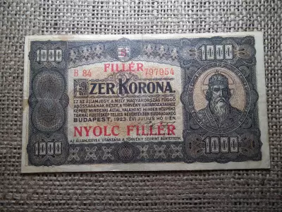 1000 korona 1923 , 8 fillér felülbélyegzés , nyolc fillér 