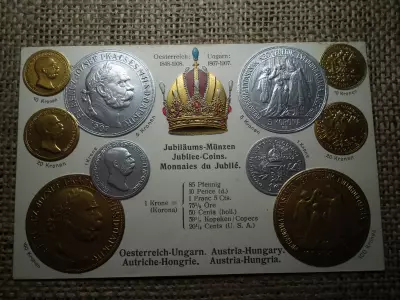 Ausztria - Magyarország jubileumi érmék dombornyomott pénzes levelezőlap ! Korona rendszer ! Ritka 