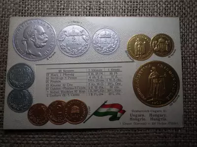 Ausztria - Magyarország érmék dombornyomott pénzes levelezőlap ! Korona rendszer ! Ritka