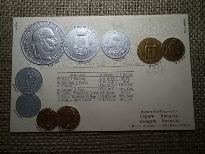 Ausztria - Magyarország érmék dombornyomott pénzes levelezőlap ! Korona rendszer ! Ritka
