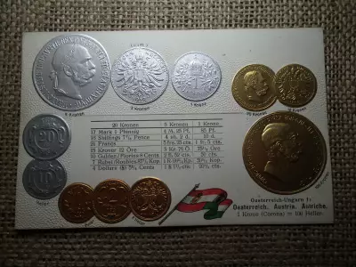 Ausztria - Magyarország érmék dombornyomott pénzes levelezőlap ! Korona rendszer ! Ritka