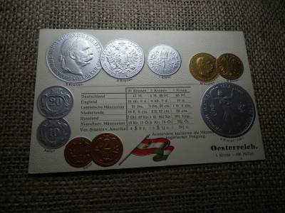 Ausztria - Magyarország jubileumi érmék dombornyomott pénzes levelezőlap ! Korona rendszer ! Ritka